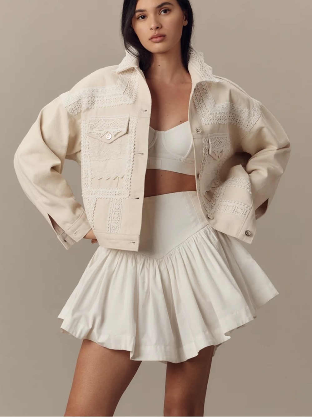Anthropologie Cream Crochet-Panel Jacket